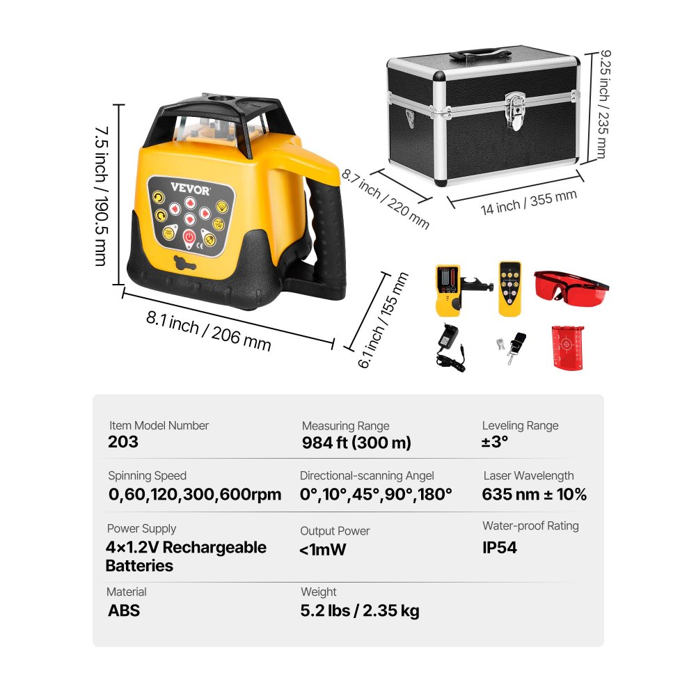 VEVOR Roterende Laserwaterpas, rode straal, 300 m bereik, instelbare kanteling, 360° draaibaar, zelfnivellerend, flexibele scanhoek, incl. afstandsbediening, ontvanger en draagtas