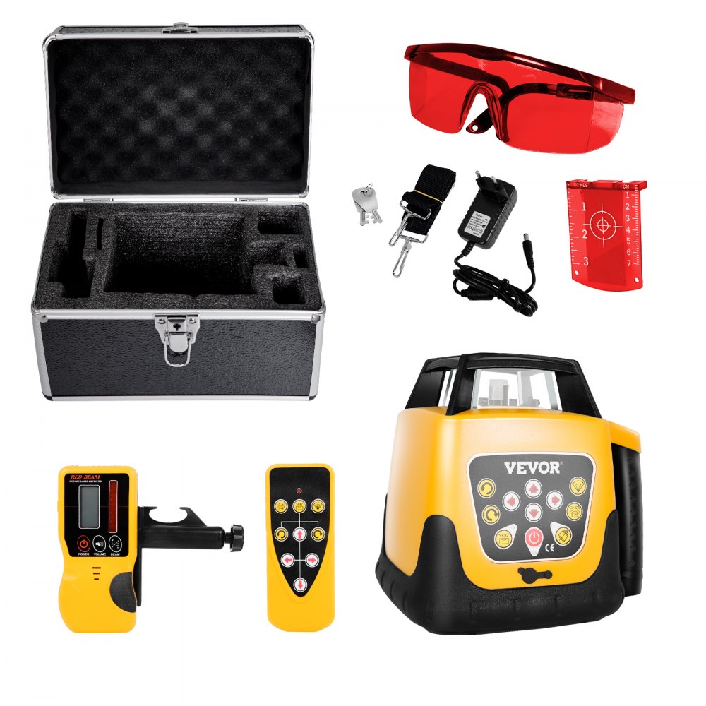 VEVOR Roterende Laserwaterpas, rode straal, 300 m bereik, instelbare kanteling, 360° draaibaar, zelfnivellerend, flexibele scanhoek, incl. afstandsbediening, ontvanger en draagtas