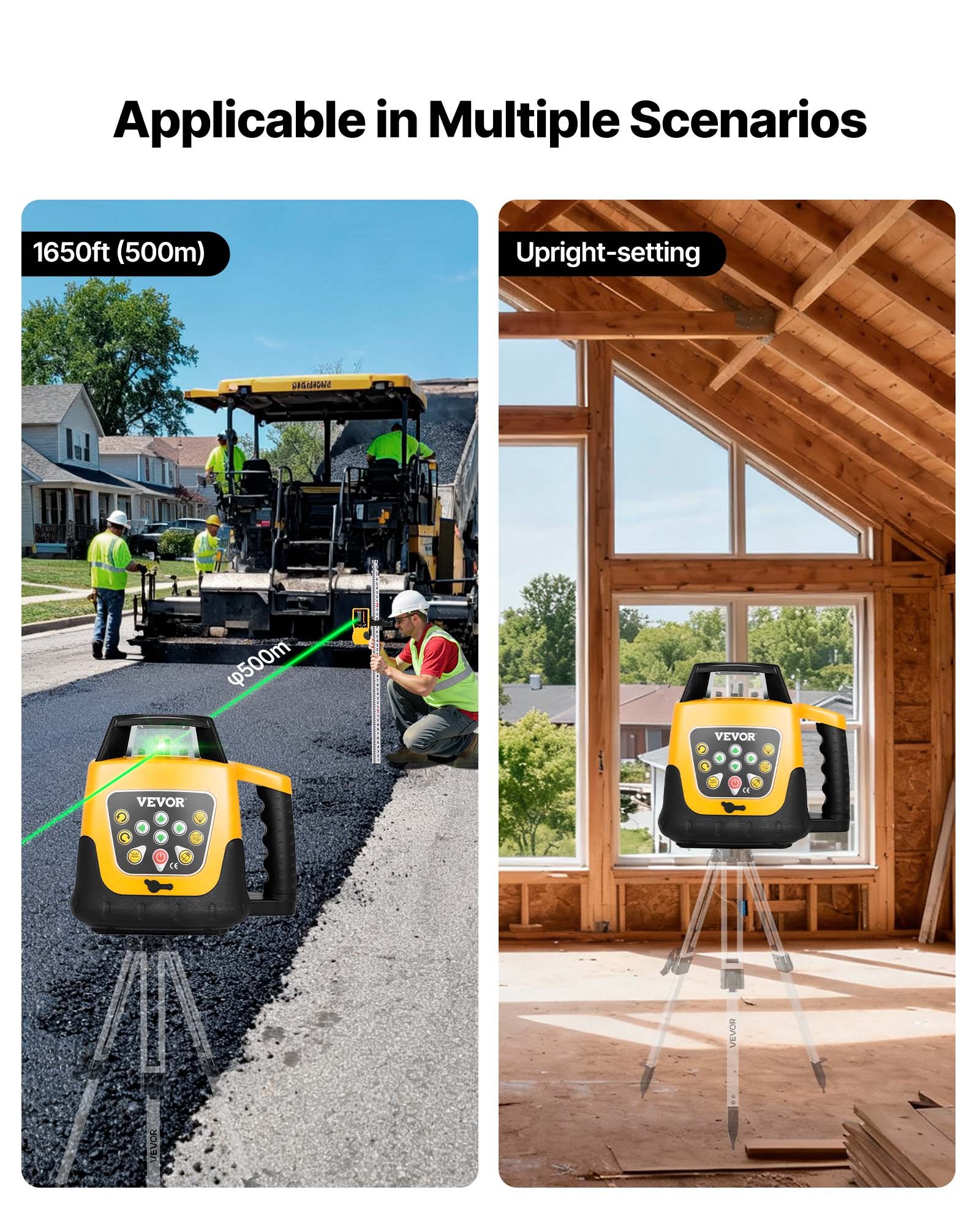 VEVOR Roterende Laserwaterpas, groene straal, 500 m bereik, instelbare kanteling, 360° draaibaar, zelfnivellerend, nauwkeurige meting, incl. afstandsbediening, ontvanger en draagtas