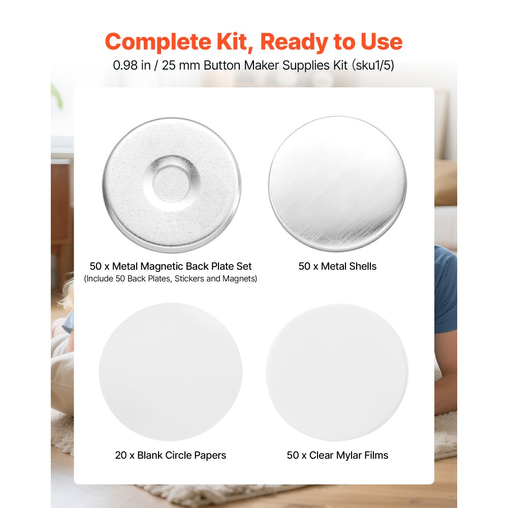 VEVOR koelkastmagneten, set van 50 stuks, 25 mm, accessoires voor knoopmachine, met magnetische achterkant, metalen behuizing, transparante mylarvellen en ronde blanco papiertjes, decoratieve magneten voor doe-het-zelfprojecten.