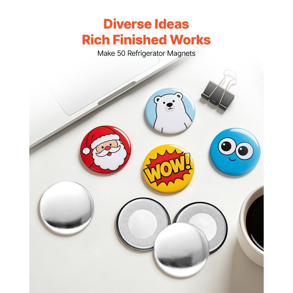 VEVOR koelkastmagneten, set van 50 stuks, 32 mm, accessoires voor knopenmachines, blanco knopen met magnetische achterkant, metalen behuizing, transparante mylarvellen en ronde blanco vellen voor doe-het-zelfprojecten.
