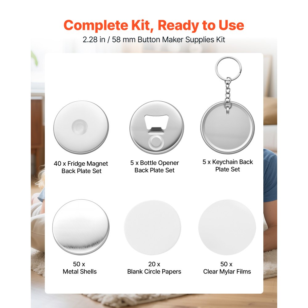 VEVOR Button Machine Accessoires 50-delige set 58 mm, koelkastmagneten, flesopener & sleutelhangers, transparante mylarvellen & ronde blanco vellen voor doe-het-zelfprojecten
