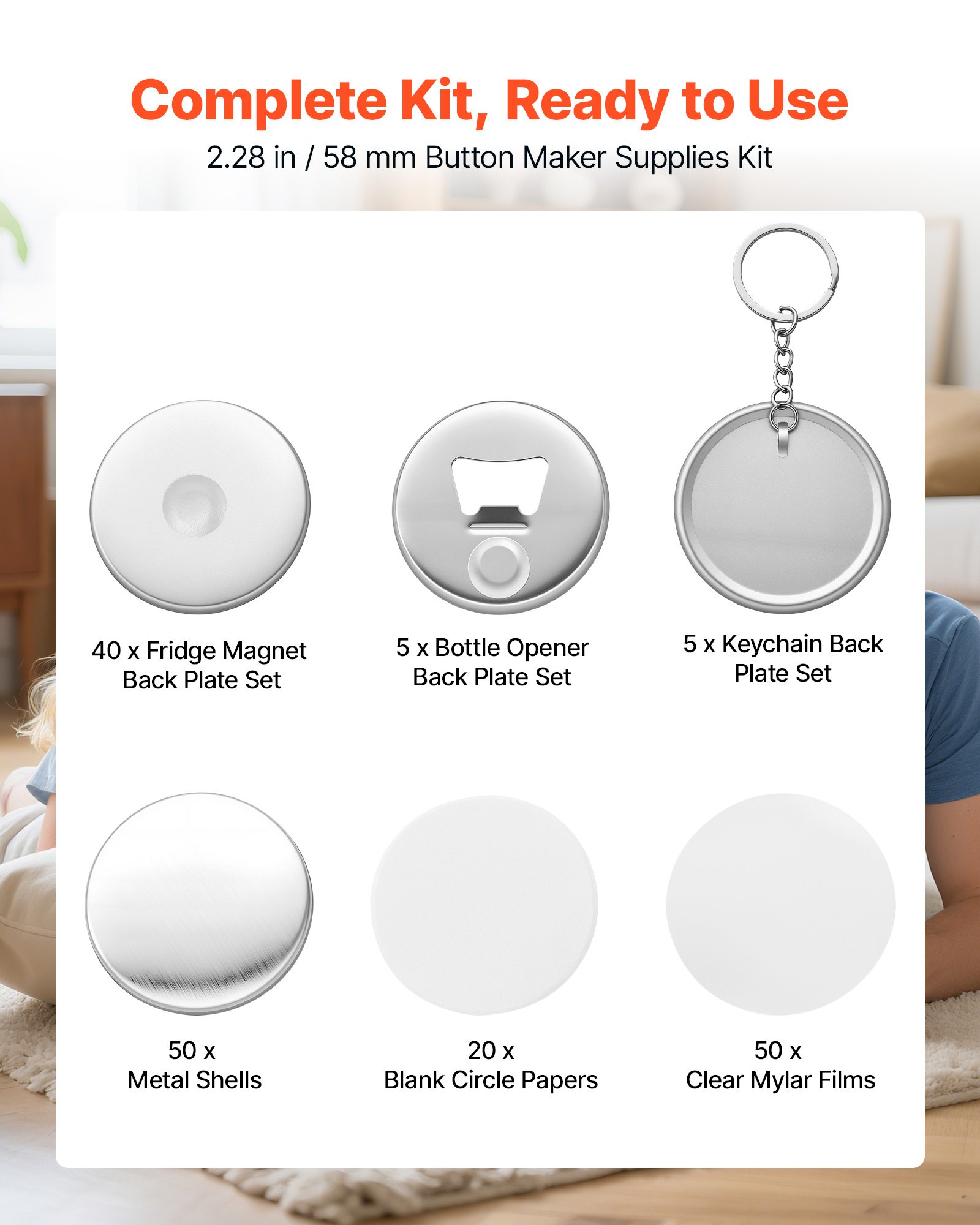 VEVOR Button Machine Accessoires 50-delige set 58 mm, koelkastmagneten, flesopener & sleutelhangers, transparante mylarvellen & ronde blanco vellen voor doe-het-zelfprojecten