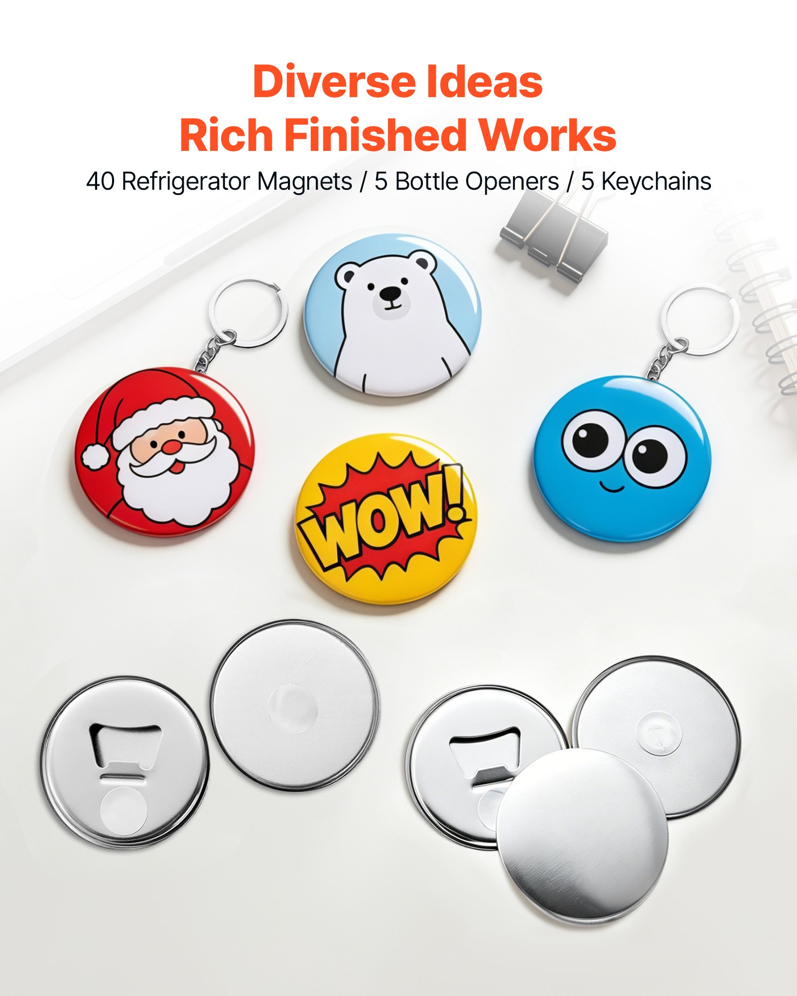 VEVOR Button Machine Accessoires 50-delige set 58 mm, koelkastmagneten, flesopener & sleutelhangers, transparante mylarvellen & ronde blanco vellen voor doe-het-zelfprojecten