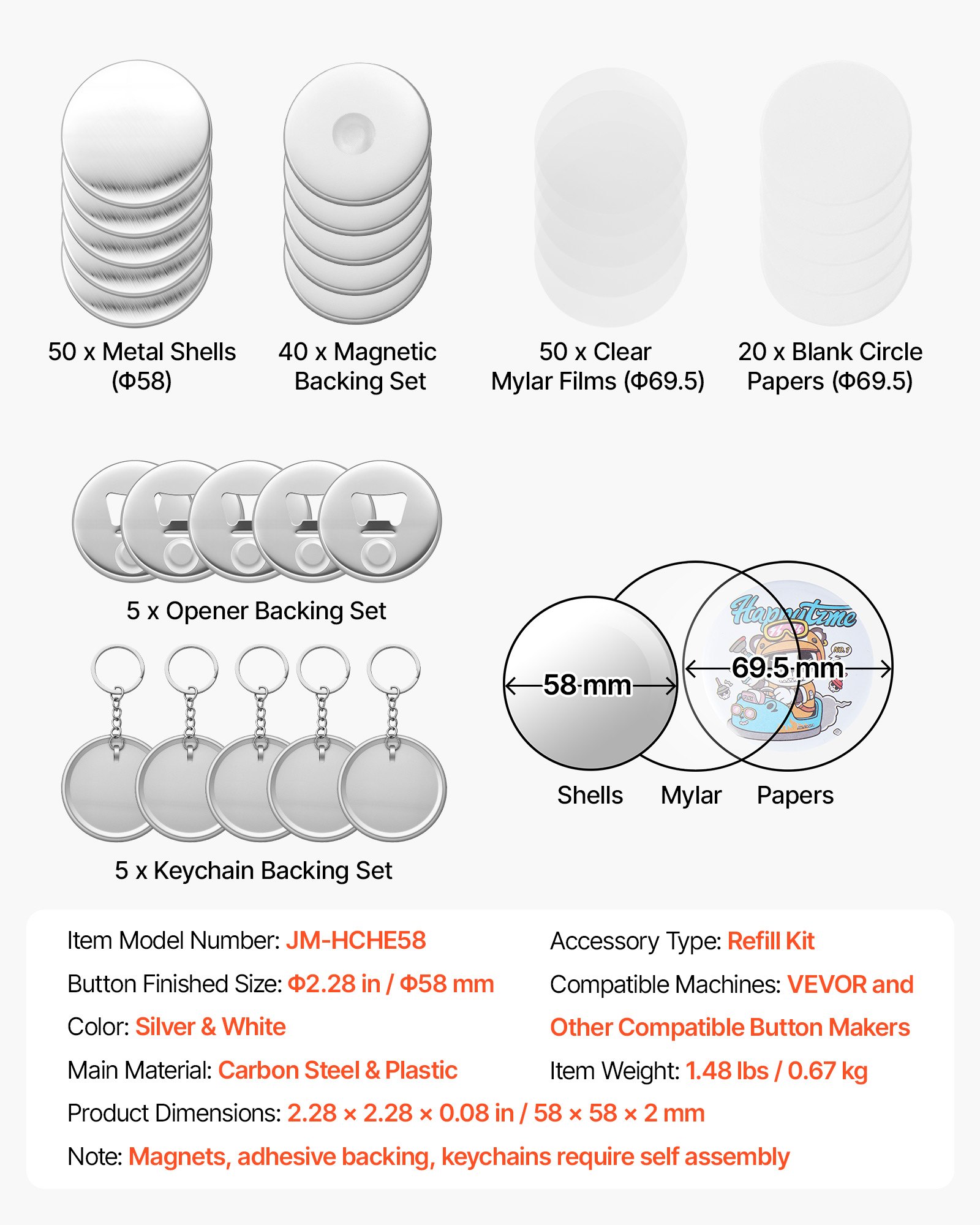 VEVOR Button Machine Accessoires 50-delige set 58 mm, koelkastmagneten, flesopener & sleutelhangers, transparante mylarvellen & ronde blanco vellen voor doe-het-zelfprojecten