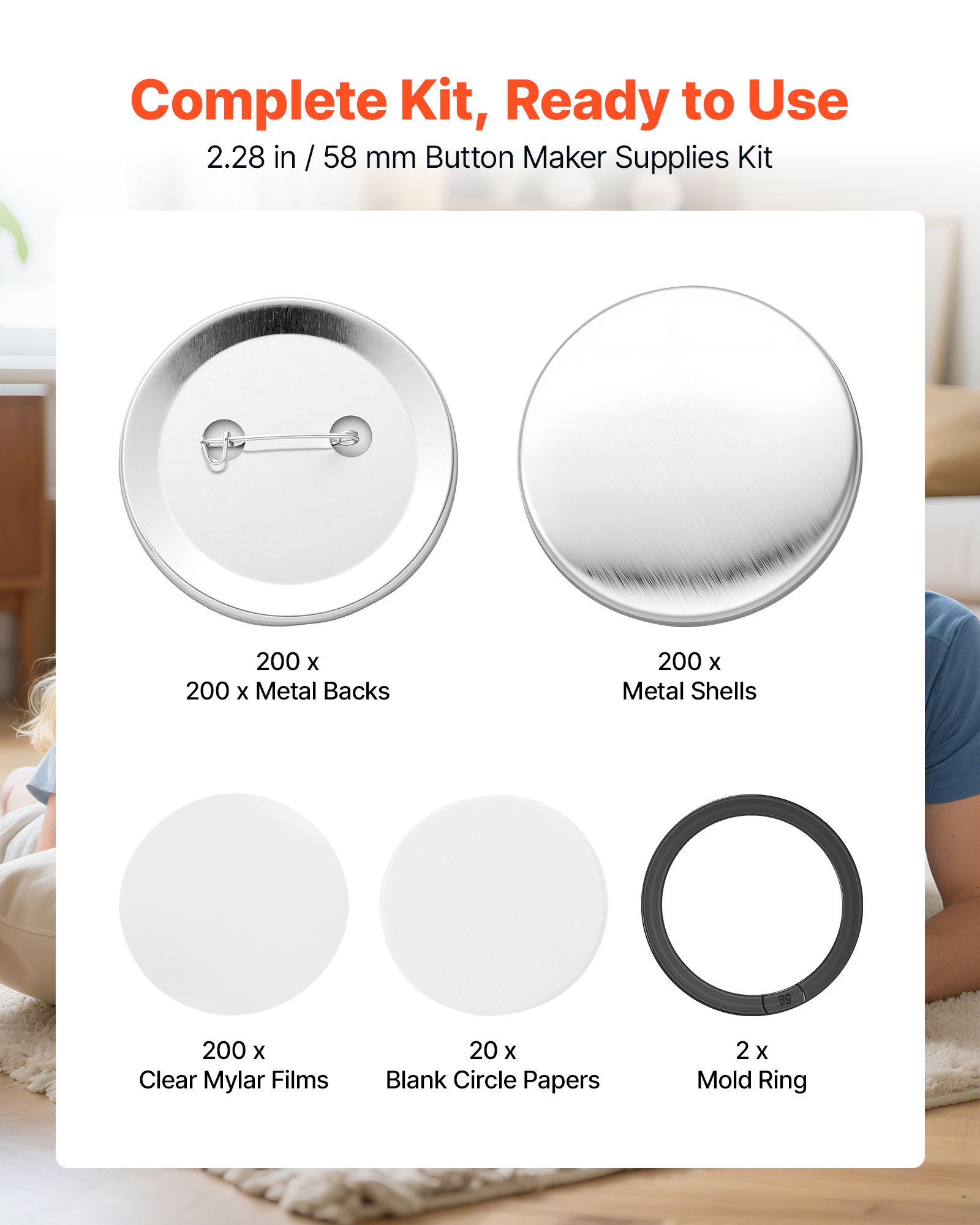 VEVOR Button Blanks 200-delige set, 58 mm, voor buttonmachines met veiligheidsspelden, transparante Mylar-folie en ronde blanco vellen voor doe-het-zelfprojecten thuis, schoolevenementen en individuele studio's.
