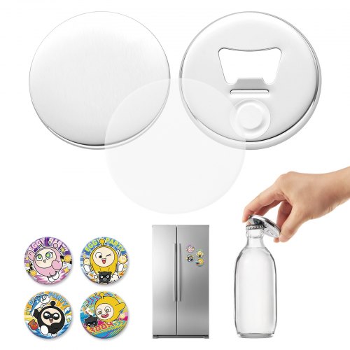 VEVOR Button Machine Accessoires 58mm 50x Koelkastmagneten Flesopener, met magneet en achterkant van de flesopener, metalen behuizing, transparante mylarfolie en ronde blanco vellen papier DIY-projecten