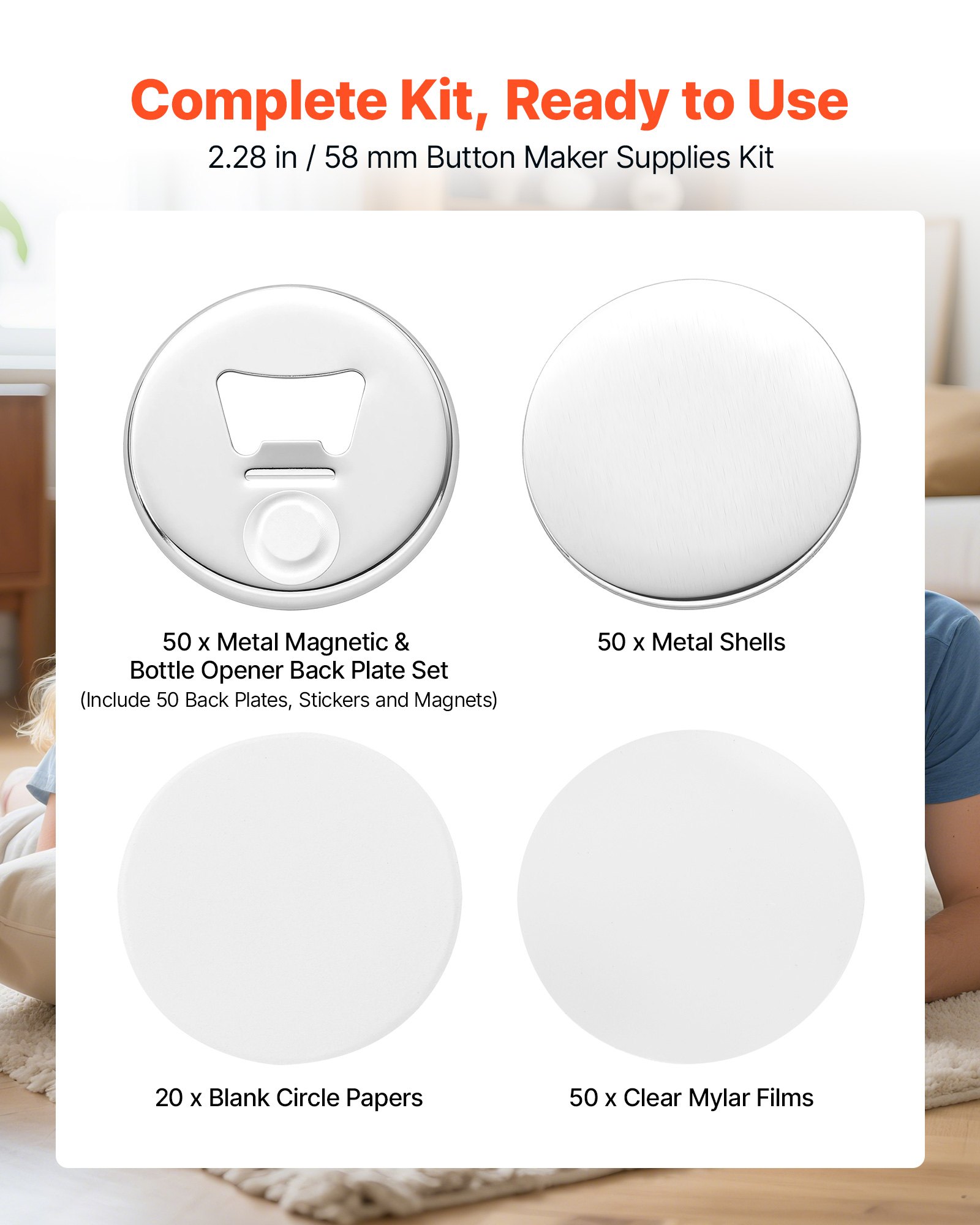 VEVOR Button Machine Accessoires 58mm 50x Koelkastmagneten Flesopener, met magneet en achterkant van de flesopener, metalen behuizing, transparante mylarfolie en ronde blanco vellen papier DIY-projecten