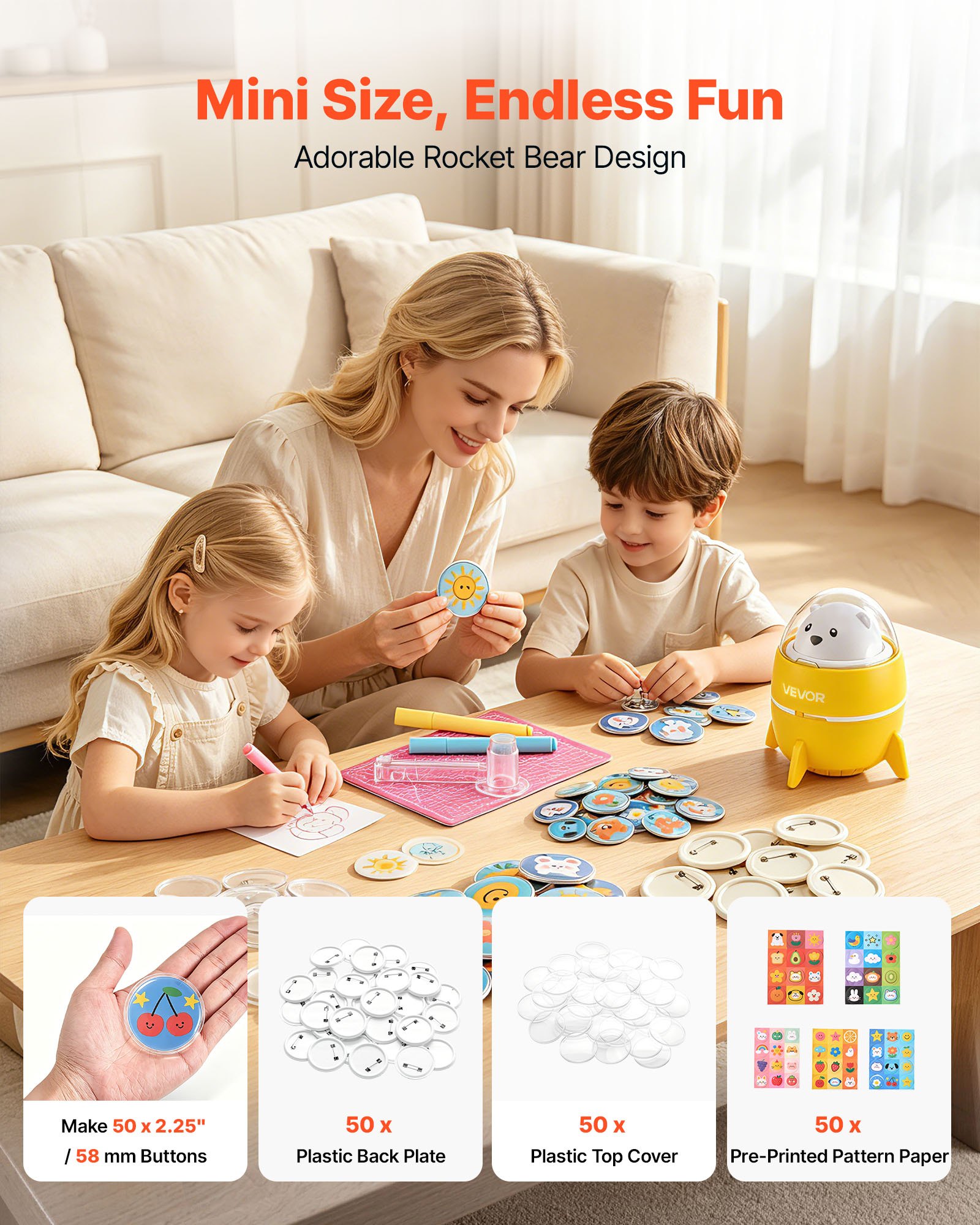 VEVOR knopenmachine 58 mm knopenmaakmachine voor plastic badges, met 50 blanco knopen en voorgedrukt patroonpapier, cirkelsnijder, doe-het-zelfprojecten, schoolevenementen, verjaardagscadeau