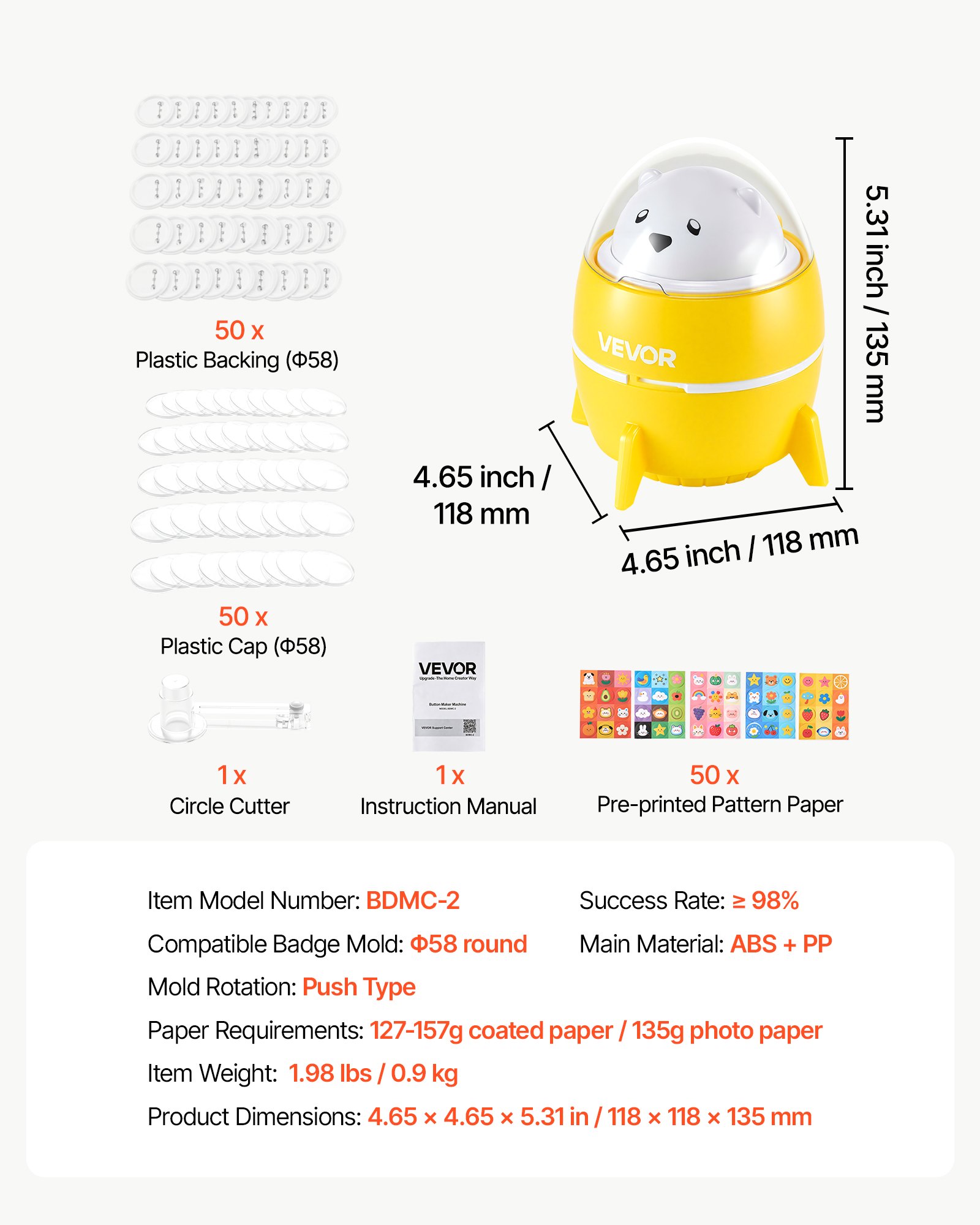 VEVOR knopenmachine 58 mm knopenmaakmachine voor plastic badges, met 50 blanco knopen en voorgedrukt patroonpapier, cirkelsnijder, doe-het-zelfprojecten, schoolevenementen, verjaardagscadeau