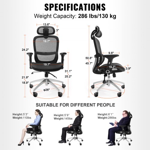 Ergonomische bureaustoel, bureaustoel met verstelbare hoofdsteun 80 mm, met armleuningen en lendensteun, draaistoel met schommelfunctie, mesh directiestoel, rugvriendelijk, bureaustoel 130 kg | NL