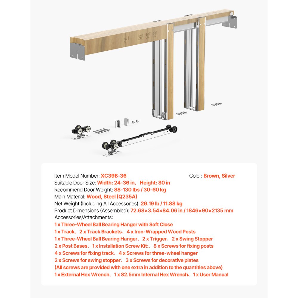 VEVOR Schuifdeurkozijnset voor deuren van 610-914 mm breed en 2032 mm hoog, schuifdeursysteemset van gegalvaniseerd staal en hout met tweeweg soft-closemechanisme en soepele glijding, voor woonkamer