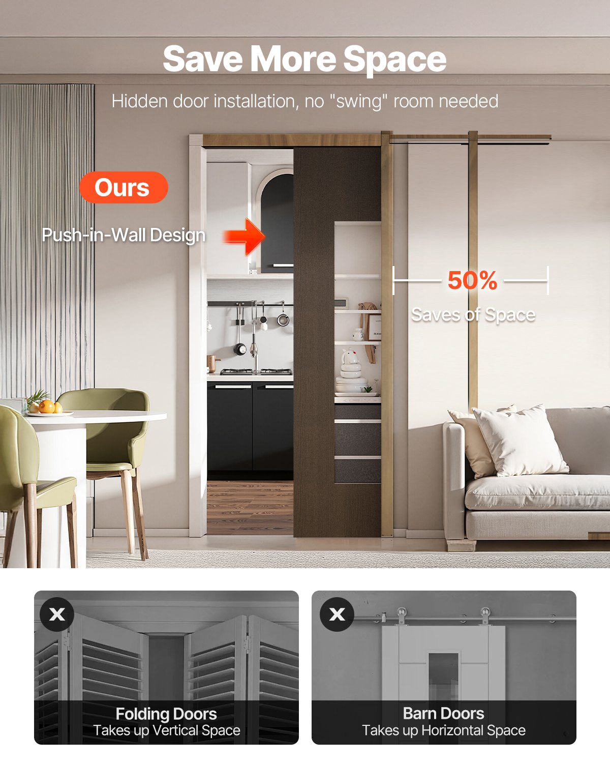 VEVOR Schuifdeurkozijnset voor deuren van 610-914 mm breed en 2032 mm hoog, schuifdeursysteemset van gegalvaniseerd staal en hout met tweeweg soft-closemechanisme en soepele glijding, voor woonkamer