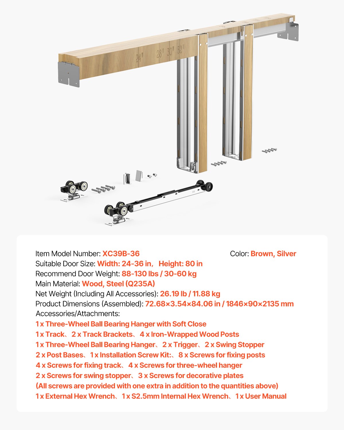 VEVOR Schuifdeurkozijnset voor deuren van 610-914 mm breed en 2032 mm hoog, schuifdeursysteemset van gegalvaniseerd staal en hout met tweeweg soft-closemechanisme en soepele glijding, voor woonkamer