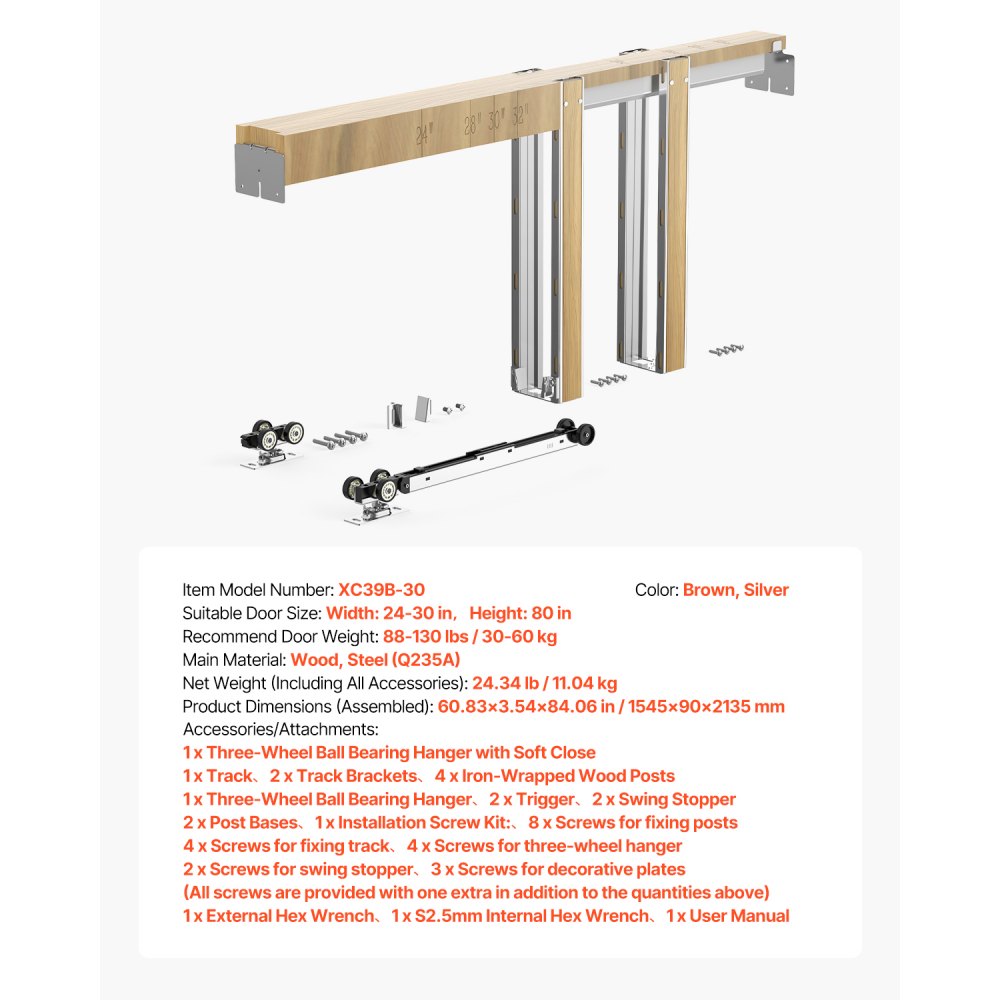 VEVOR Schuifdeurkozijnset voor deuren van 610-762 mm breed en 2032 mm hoog, schuifdeursysteemset van gegalvaniseerd staal en hout met tweeweg soft-closemechanisme en soepele glijding, voor woonkamer