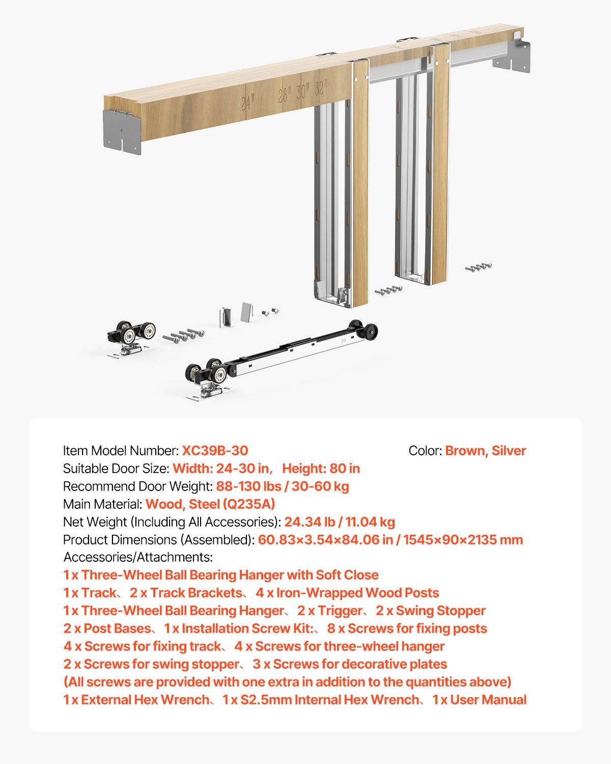 VEVOR Schuifdeurkozijnset voor deuren van 610-762 mm breed en 2032 mm hoog, schuifdeursysteemset van gegalvaniseerd staal en hout met tweeweg soft-closemechanisme en soepele glijding, voor woonkamer