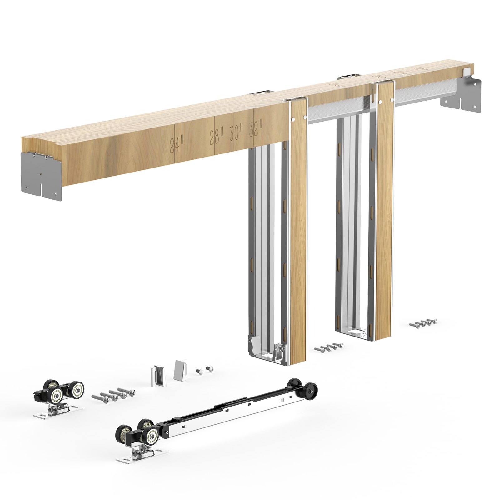 VEVOR Schuifdeurkozijnset voor deuren van 610-762 mm breed en 2032 mm hoog, schuifdeursysteemset van gegalvaniseerd staal en hout met tweeweg soft-closemechanisme en soepele glijding, voor woonkamer