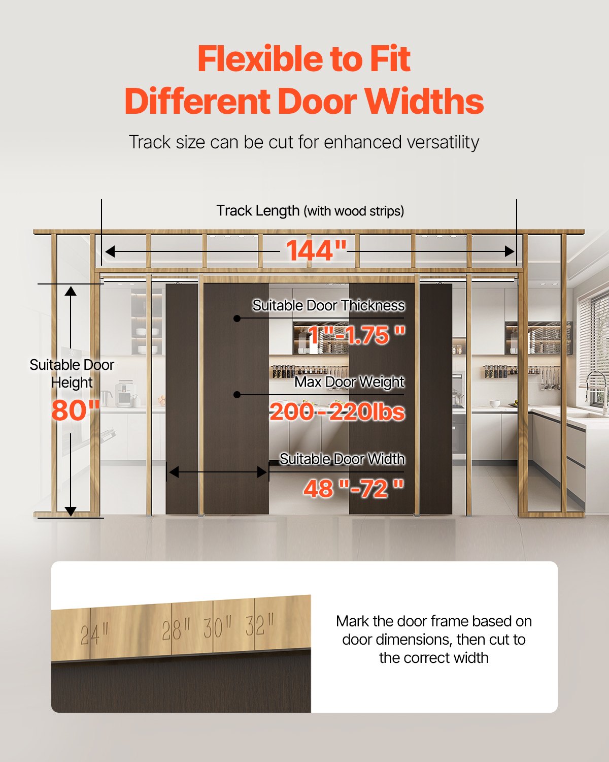 VEVOR Schuifdeurkozijnset voor deuren van 1219-1829 mm breed en 2032 mm hoog, schuifdeursysteemset van gegalvaniseerd staal en hout met tweeweg soft-closemechanisme en soepele glijding, voor woonkamer