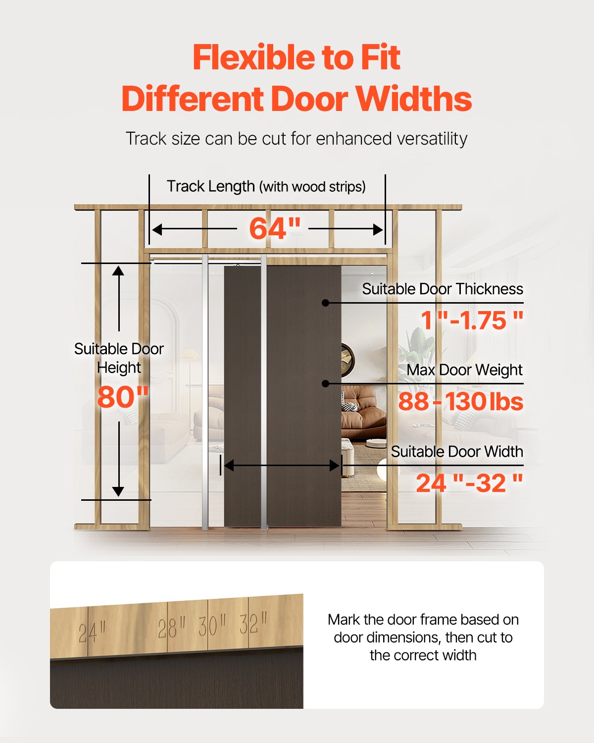 VEVOR Schuifdeurkozijnset voor deuren van 610-813 mm breed en 2032 mm hoog, schuifdeurset van gegalvaniseerd staal met tweeweg soft-closemechanisme en soepele glijding, voor woonkamer en badkamer