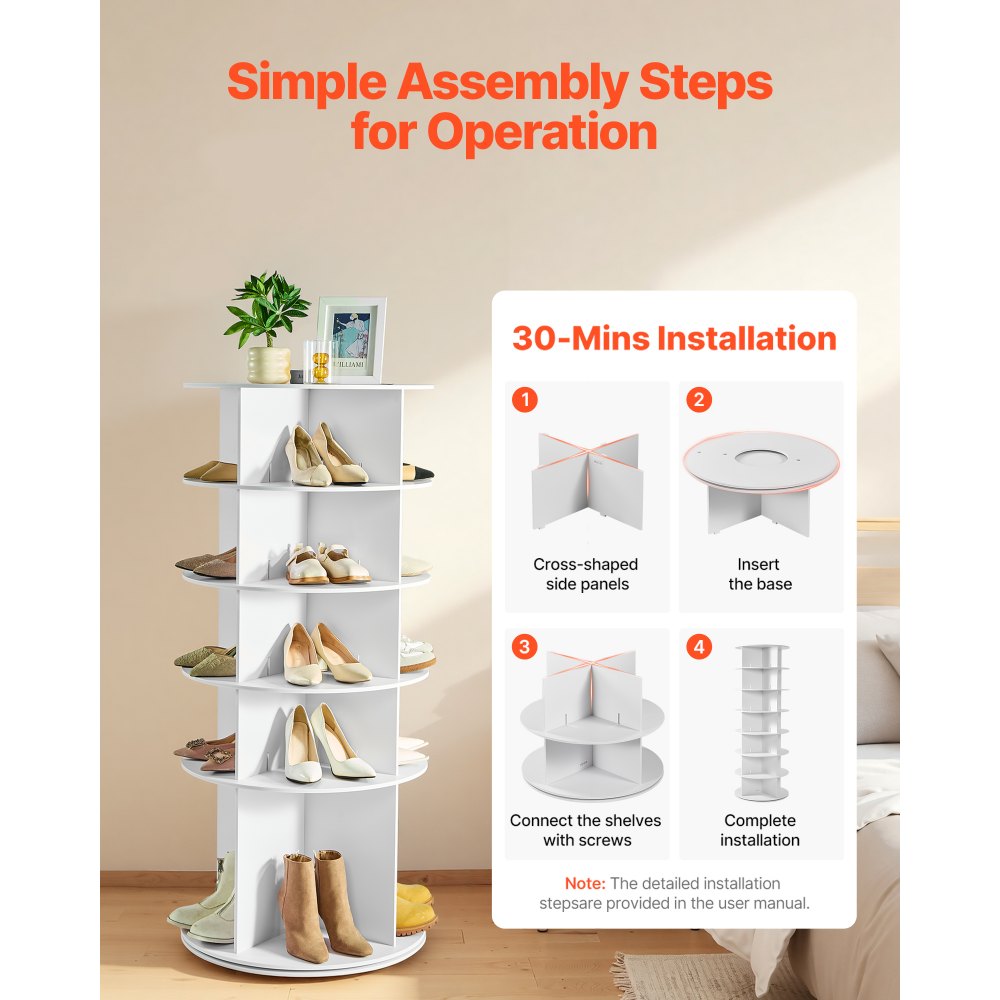 VEVOR Schoenenrek, Schoenenkast voor 20 paar schoenen (5 lagen), 360° draaibaar, Ruimtebesparende schoenenopbergkast, Schoenenrek voor slaapkamer, woonkamer, hal, Wit, 598 x 598 x 1350 mm