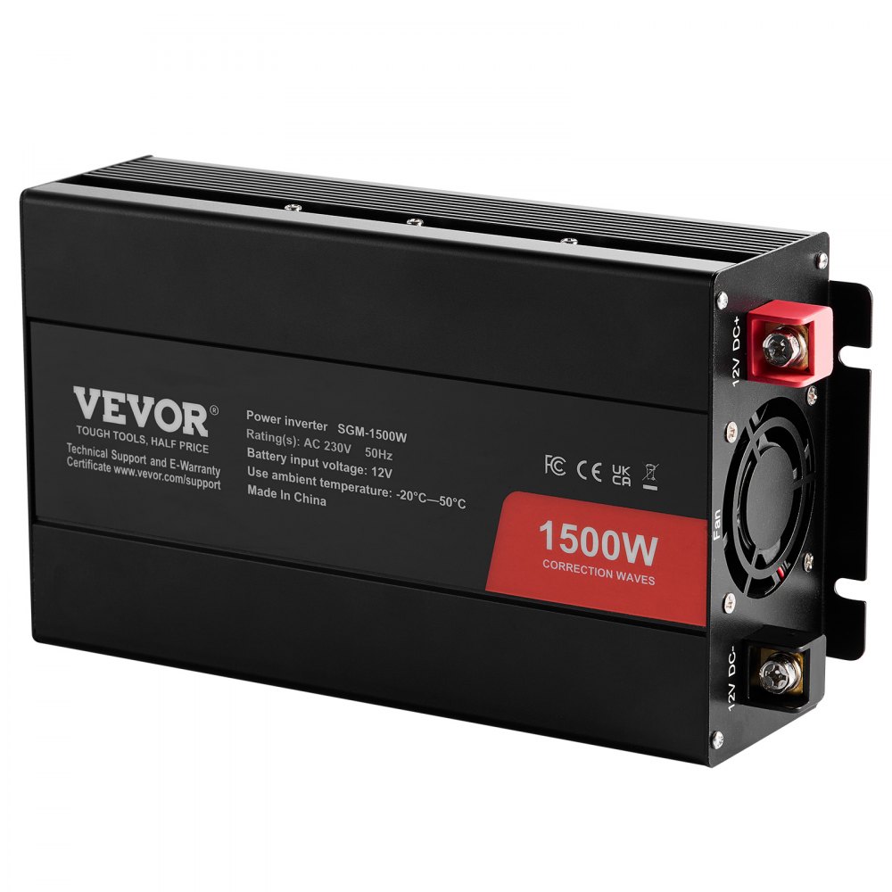 VEVOR gemodificeerde sinusomvormer, 1500 W DC 12 V AC 230 V omvormer met 2 stopcontacten, 2 USB-poorten, 1 Type-C-poort, 6 reservezekeringen voor smartphones en laptops