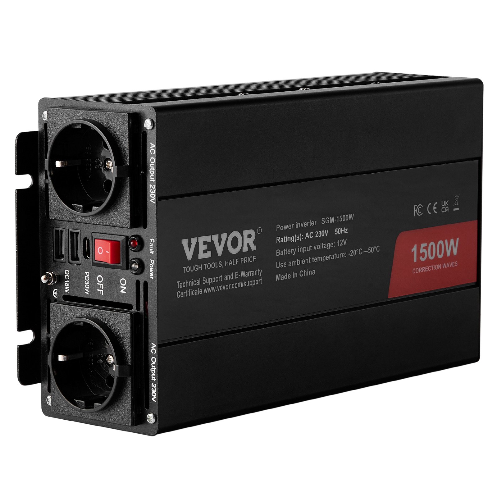 VEVOR Pure Sinusomvormer, 1500W DC 12V AC 230V omvormer met 2 stopcontacten, 2 USB-poorten, 1 Type-C-poort, 6 reservezekeringen voor kleine huishoudelijke apparaten zoals smartphones en laptops
