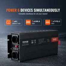 VEVOR Sinusomvormer 3000W DC 12V AC 230V LCD-scherm Stroomomvormer met 3 AC-aansluitingen 2 USB-poorten 1 Type-C-poort 10 Vervangingszekeringen voor grote huishoudelijke apparaten