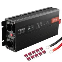 VEVOR Sinusomvormer 3000W DC 12V AC 230V LCD-scherm Stroomomvormer met 3 AC-aansluitingen 2 USB-poorten 1 Type-C-poort 10 Vervangingszekeringen voor grote huishoudelijke apparaten