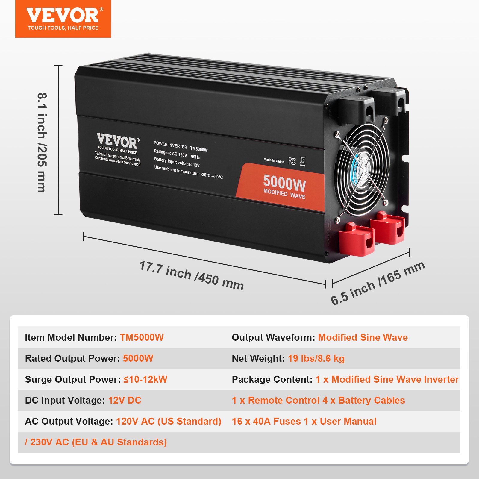 VEVOR Pure Sinusomvormer 5000W DC 12V naar AC 230V omvormer met 2 stopcontacten, 2 USB-poorten, 1 Type-C-poort, LCD-scherm en afstandsbediening voor zware huishoudelijke apparaten