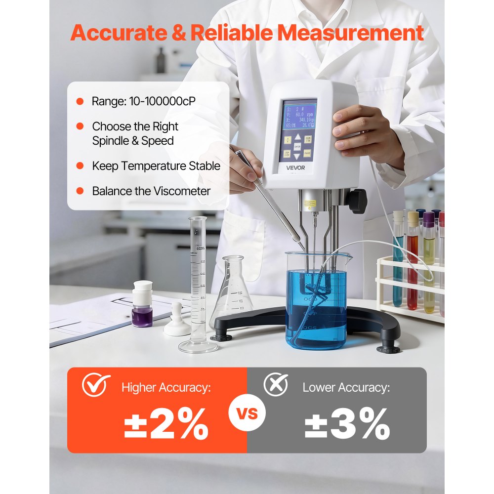 VEVOR digitale roterende viscometer 10-100000 cP, digitale viscositeitsmeter met een nauwkeurigheid van ±2%, inclusief 4 reflectoren, LCD-display en temperatuursensor. Roterende viscometer voor inkten, verven, lijmen en vetten.