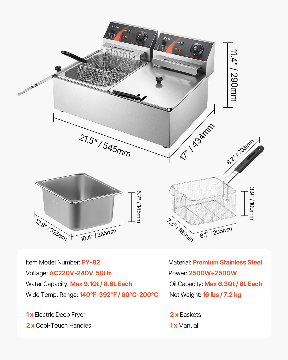 VEVOR wunicorn Friteuse 295 x 235 x 150 mm Commerciële elektrische friteuse, dubbele koude zone friteuse YB-82 Zilverkleurige friteuse - 6 L + 6 L 5000W 220V voor fastfoodrestaurants en snackbars 10 kg