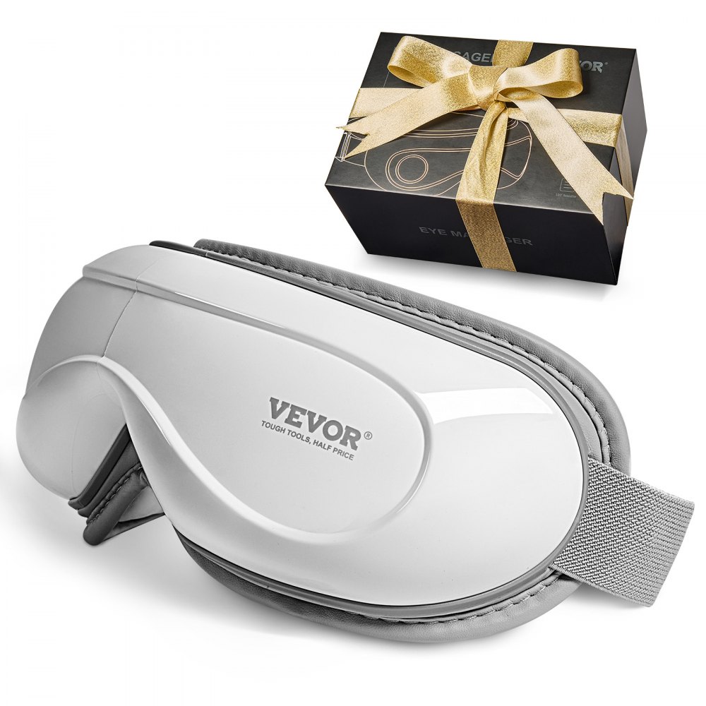 VEVOR heated eye massager with gray strap, next to a gift box with a gold ribbon.