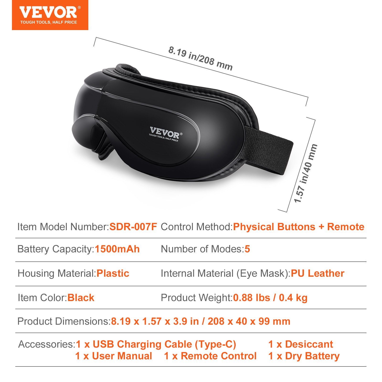 VEVOR Eye Massager with Heat & Remote, Heated Eye Massage Mask with 5 Modes and Bluetooth Music, 180° Foldable Eye Care Massager for Eye Strain, Dry Eyes, Dark Circles, Ideal Gift for Mom/Dad, Black