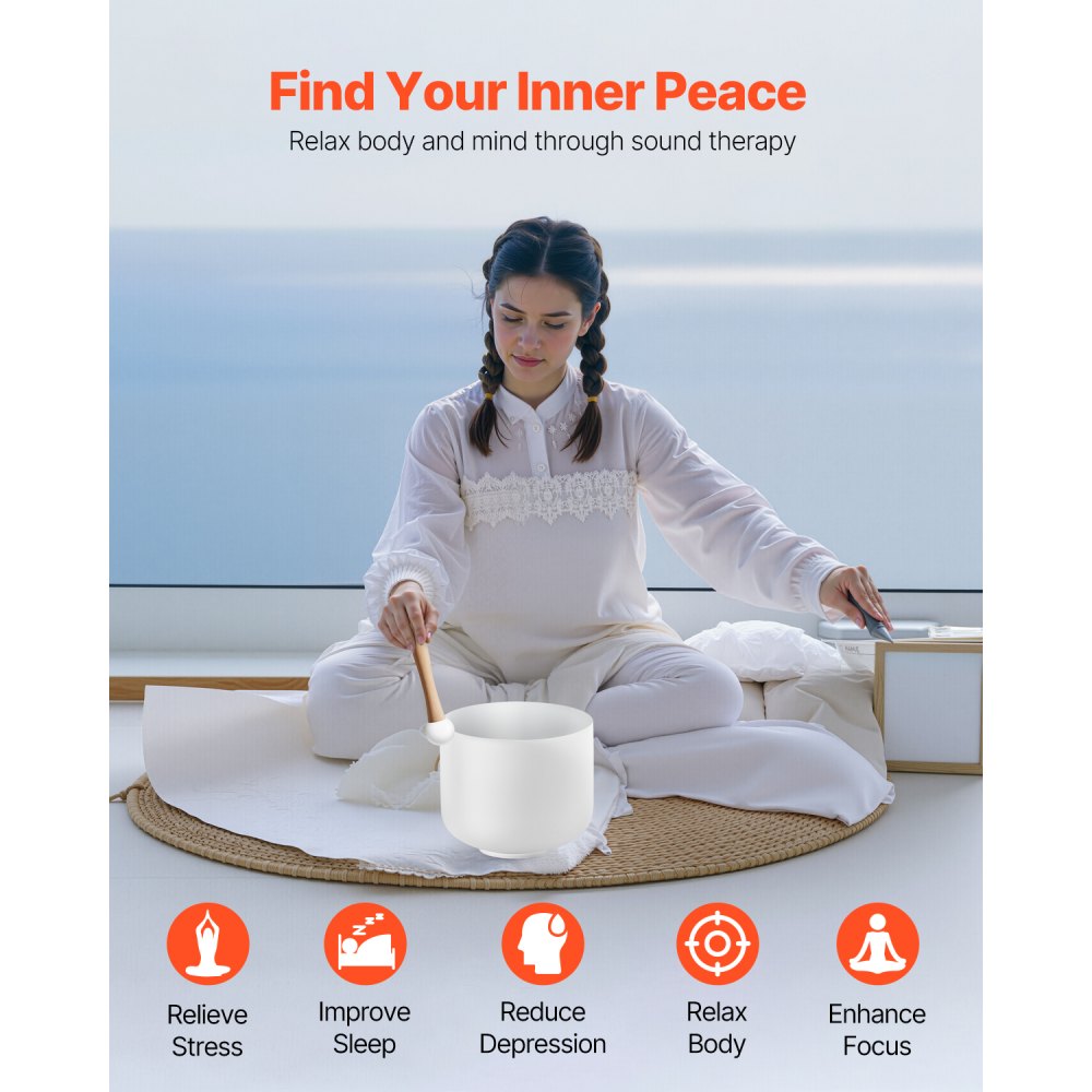 VEVOR Crystal Singing Bowl, 8-inch F Note Heart Chakra Singing Bowl, Portable Frosted Quartz Singing Bowl with Rubber Mallet, O-Ring and 8" Carrying Bag, Perfect for Meditation Yoga Sound Healing Bath