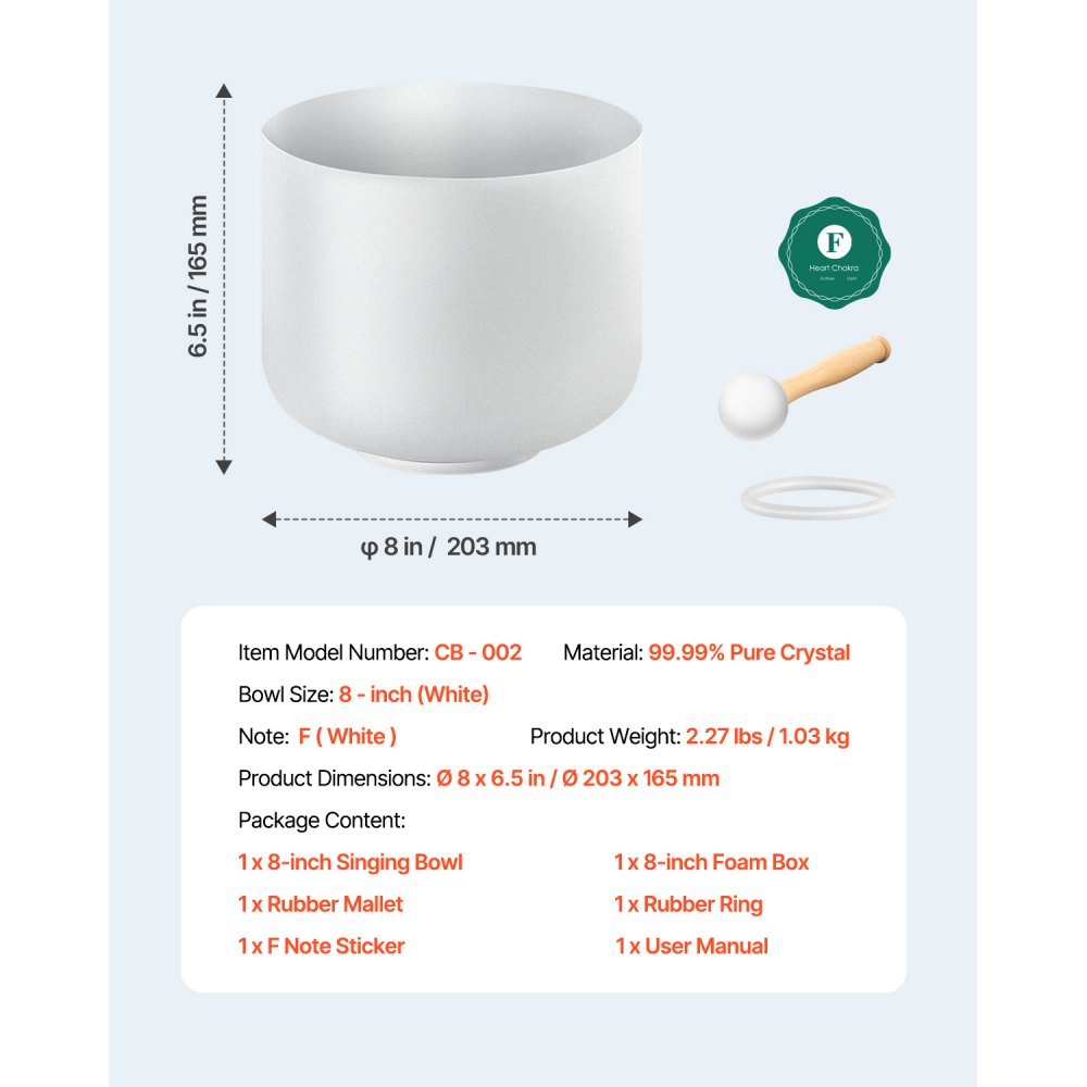 VEVOR Crystal Singing Bowl, 8-inch F Note Heart Chakra Singing Bowl, Frosted Quartz Singing Bowl with Rubber Mallet and O-Ring, Perfect for Meditation, Yoga, Sound Baths, Sound Healing