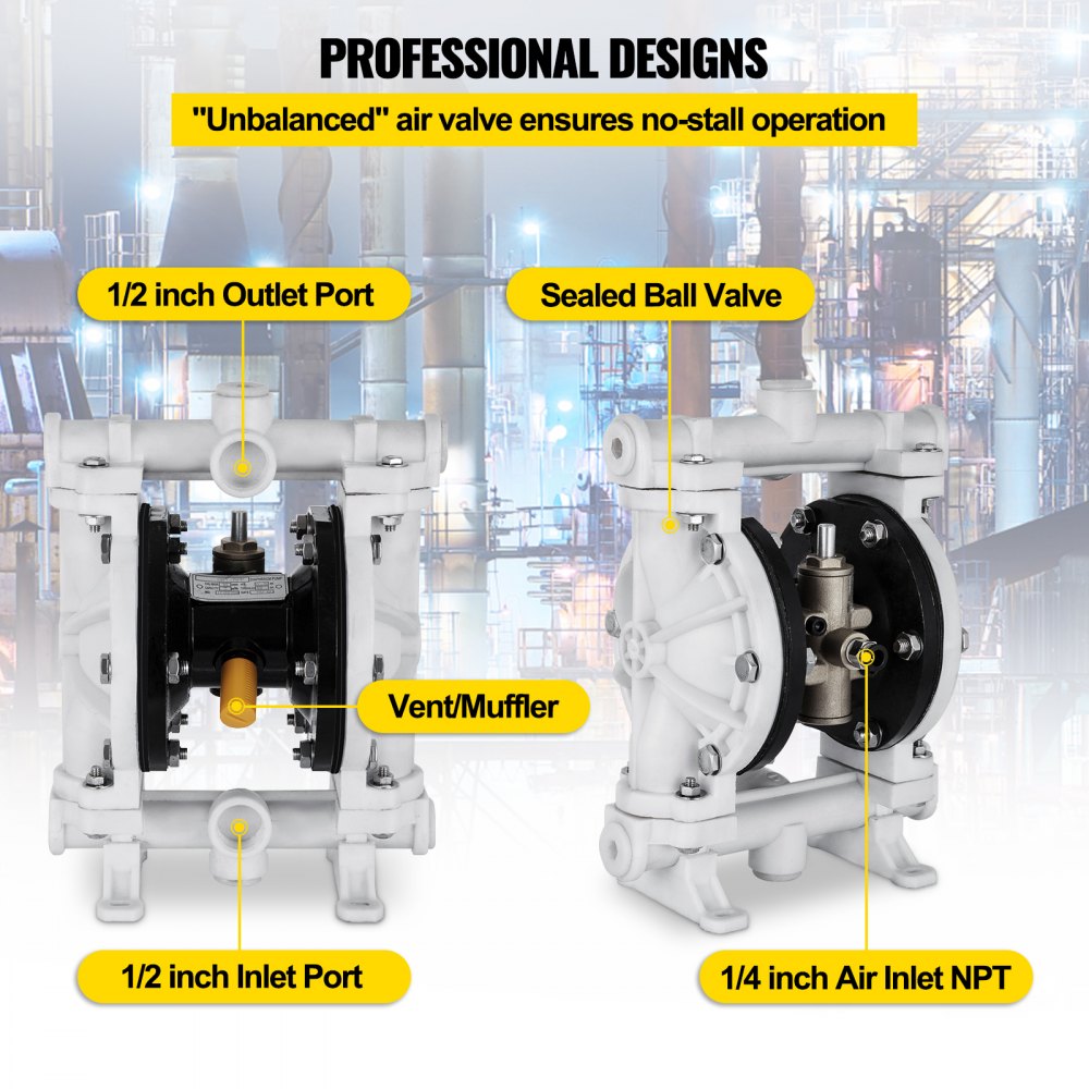 VEVOR Air-Operated Double Diaphragm Pump, 1/2 in Inlet & Outlet, Polypropylene Body, 2.5 GPM & Max 80PSI, PTFE Diaphragm Pneumatic Transfer Pump for Petroleum, Diesel, Oil & Low Viscosity Fluids