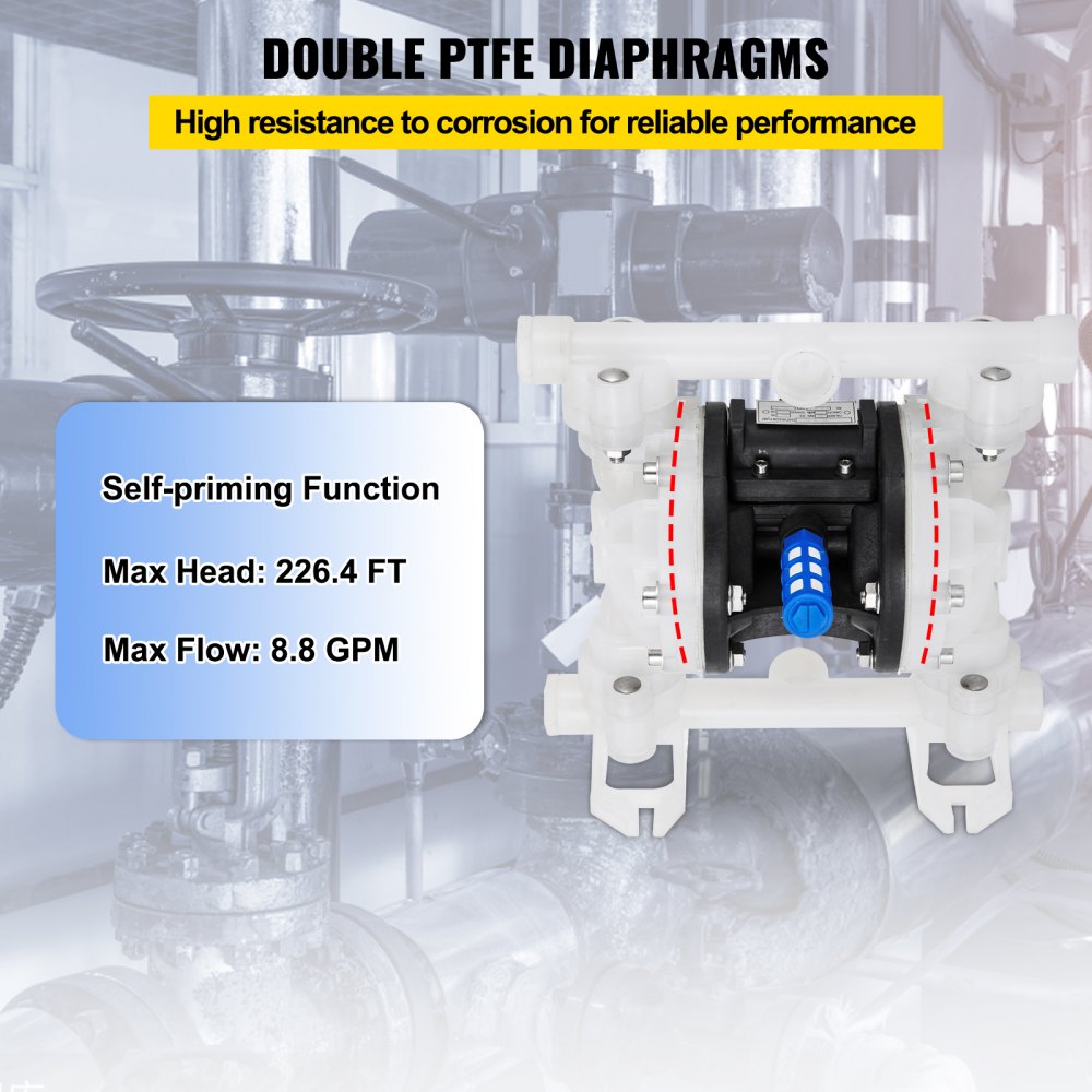 VEVOR Luchtbediende dubbelmembraanpomp, 1/2 inch inlaat en uitlaat, polypropyleen behuizing, 8,8 GPM en max. 120 PSI, pneumatische PTFE-membraantransportpomp voor petroleum, diesel, olie en vloeistoffen met een lage viscositeit