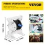 VEVOR Luchtbediende dubbelmembraanpomp, 1/2 inch inlaat en uitlaat, polypropyleen behuizing, 8,8 GPM en max. 120 PSI, pneumatische PTFE-membraantransportpomp voor petroleum, diesel, olie en vloeistoffen met een lage viscositeit