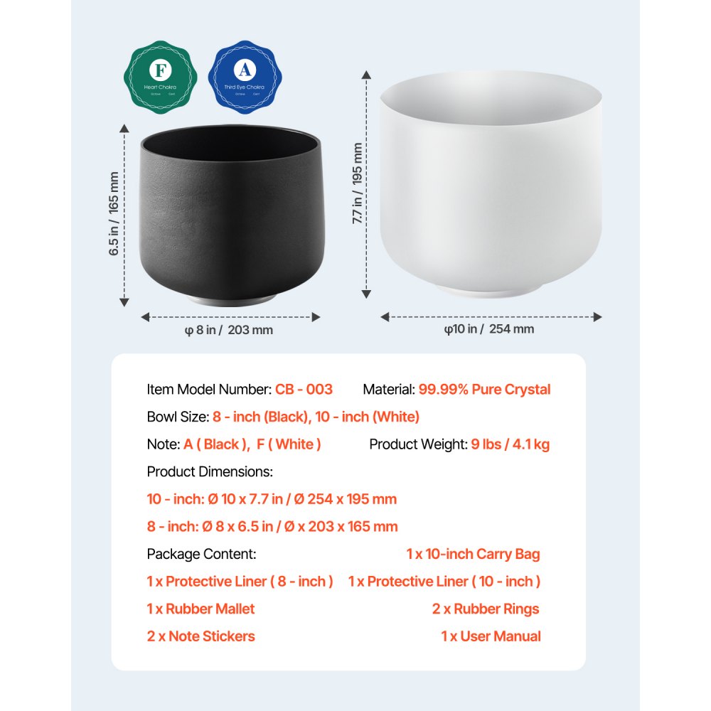 VEVOR 2PCS Crystal Singing Bowls, 8-inch and 10-inch A & F Note Singing Bowls, Frosted Quartz Bowl with 10" Carrying Bag, 1 Rubber Mallet and 2 O-Rings, Ideal for Meditation Yoga Sound Healing