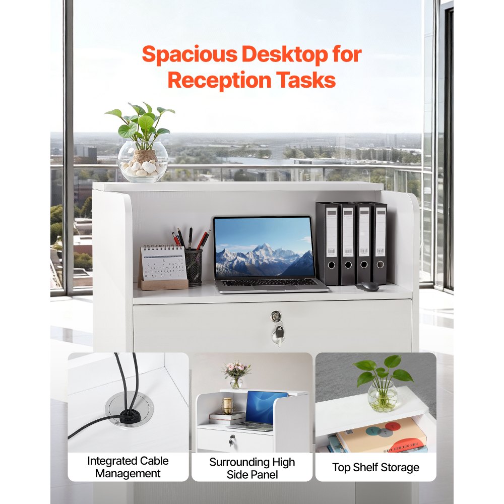 VEVOR Reception Desk, 60 cm Rectangular Front Counter Table, Modern Office Reception Desk with Drawer, Small Minimalist Retail Counter Table for Checkout, Lobby, Beauty Salon and Office, White