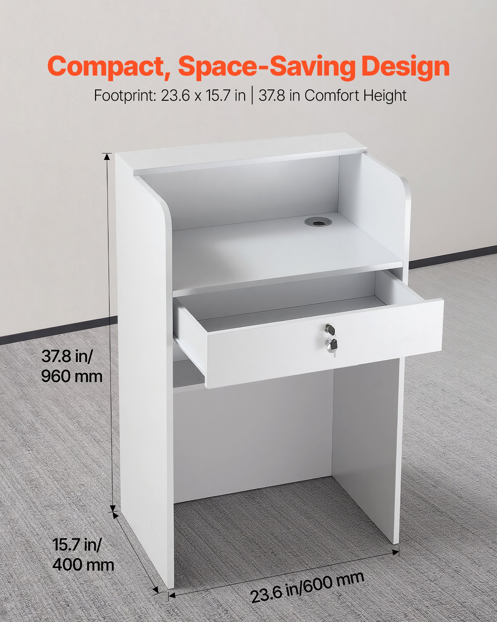 VEVOR Reception Desk, 60 cm Rectangular Front Counter Table, Modern Office Reception Desk with Drawer, Small Minimalist Retail Counter Table for Checkout, Lobby, Beauty Salon and Office, White