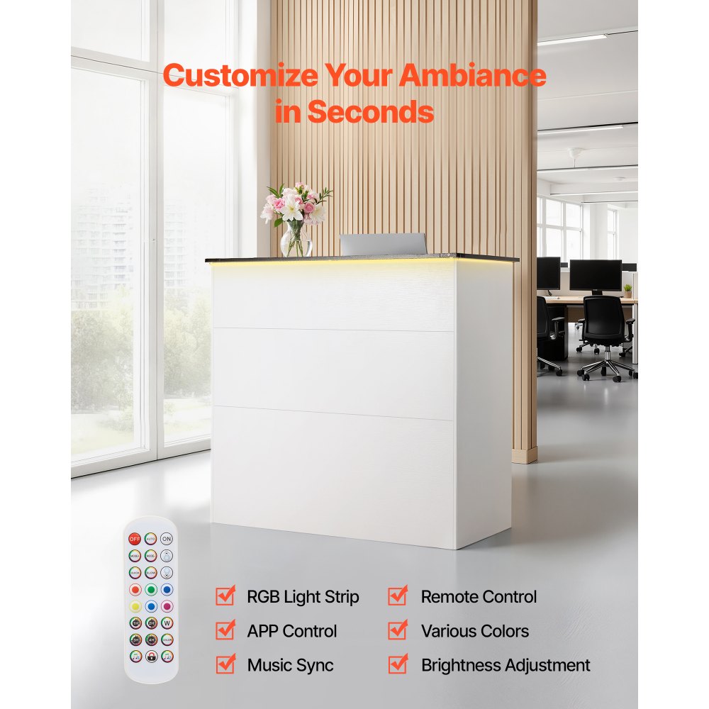 VEVOR Reception Desk, 127.5cm Rectangular Front Counter Table, Modern Office Reception Desk with Light Strip, 3 Drawers & Storage Cabinets, Retail Counter Table for Checkout, Lobby, Salon, Office