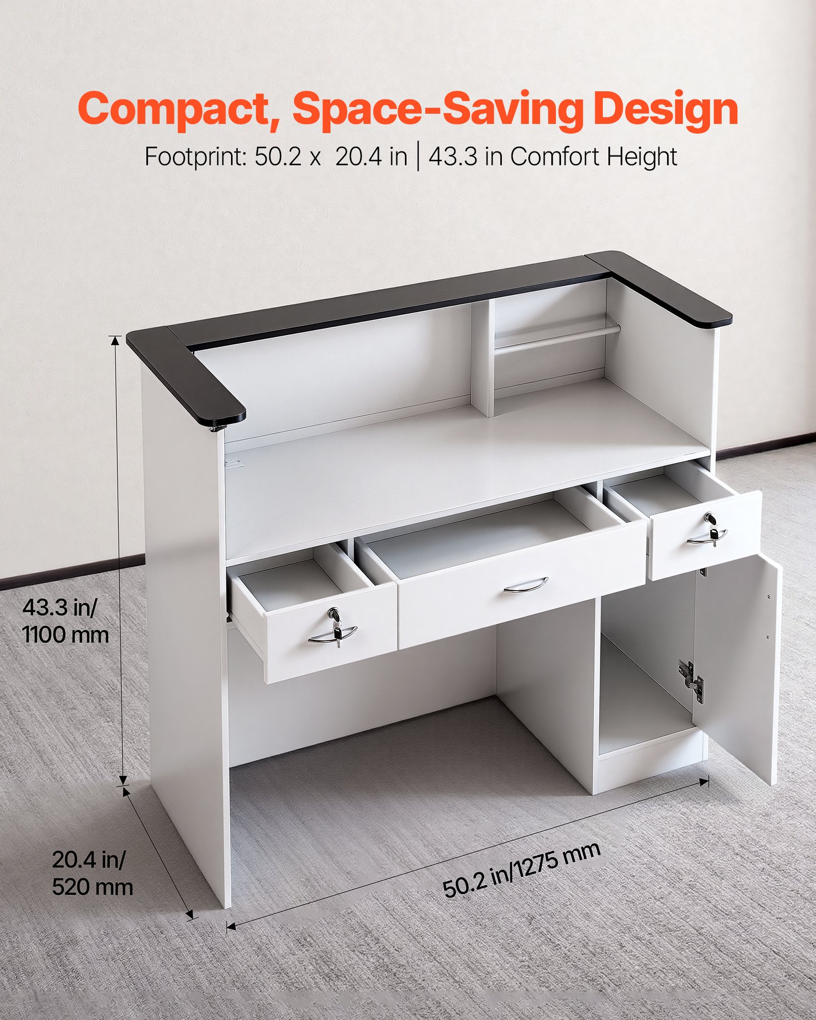 VEVOR Reception Desk, 127.5cm Rectangular Front Counter Table, Modern Office Reception Desk with Light Strip, 3 Drawers & Storage Cabinets, Retail Counter Table for Checkout, Lobby, Salon, Office