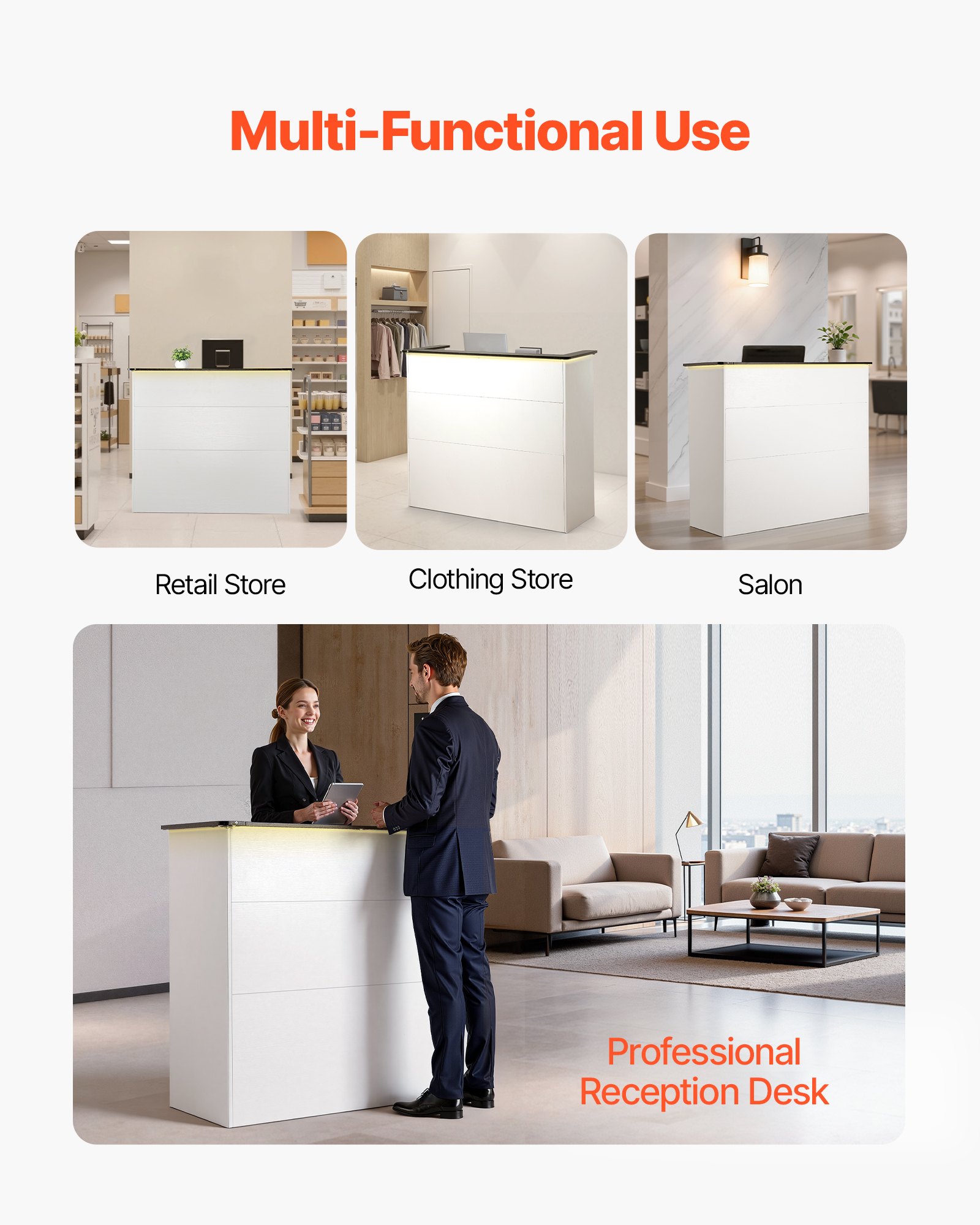 VEVOR Reception Desk, 127.5cm Rectangular Front Counter Table, Modern Office Reception Desk with Light Strip, 3 Drawers & Storage Cabinets, Retail Counter Table for Checkout, Lobby, Salon, Office