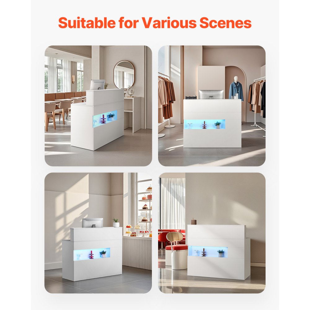 VEVOR Receptiebalie Rechthoekige Tafel, Receptiebalie Verkoopbalie Kassa met LED-verlichting, 2 Laden en Stopcontacten, voor Kassier Schoonheidssalon Kantoor, Wit