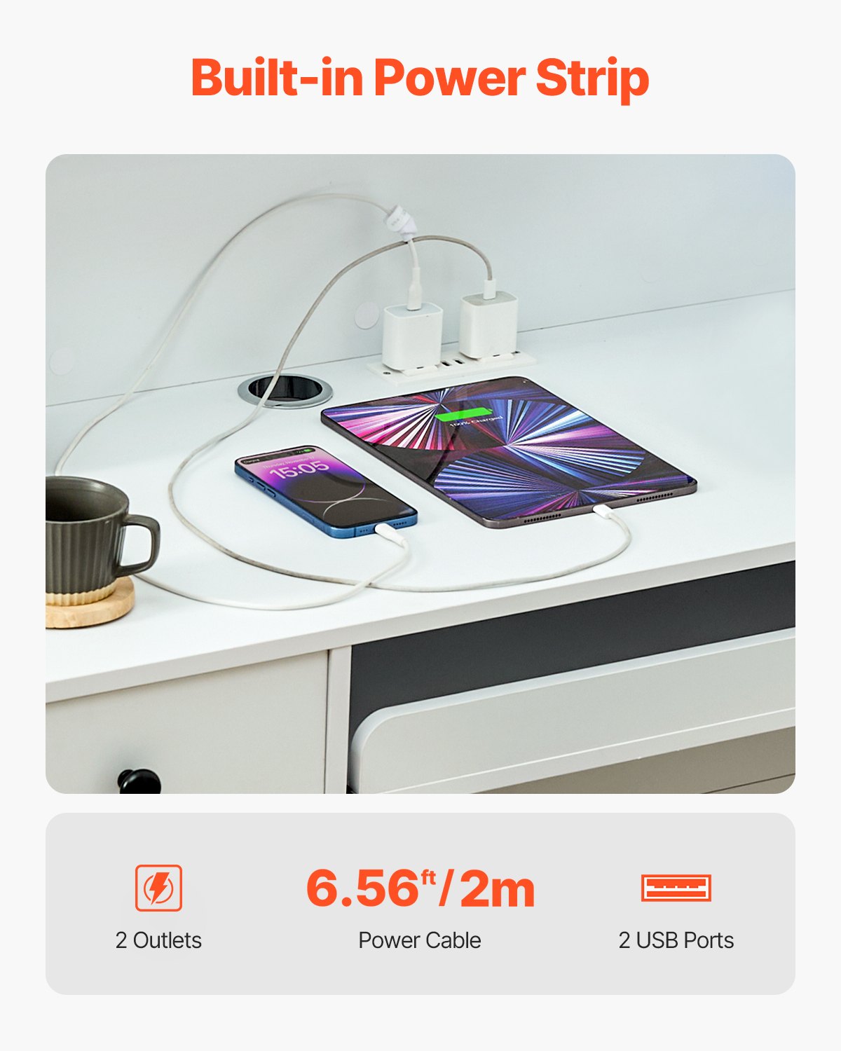 VEVOR Receptiebalie Rechthoekige Tafel, Receptiebalie Verkoopbalie Kassa met LED-verlichting, 2 Laden en Stopcontacten, voor Kassier Schoonheidssalon Kantoor, Wit