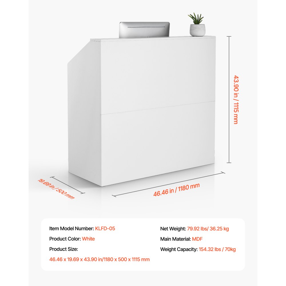 VEVOR Reception Desk, 46.46 x 19.69 x 43.90 in  Rectangular Front Counter Table, Office Reception Desk, Retail Counter and Front Reception Counter, for Checkout, Lobby, Beauty Salon and Office, White