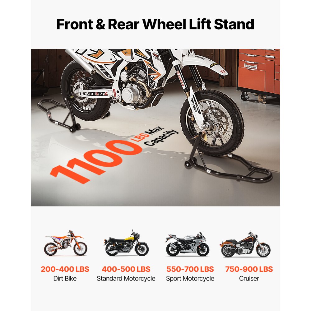 VEVOR Motorfietsstandaard Lift Voor Achter Montagestandaard, 500 kg Laadvermogen Voorwiel Dubbele Vorkstandaard, Achterwiel U+L Vork Swingarm Spoelstandaard, Motorfietskrik voor de meeste motorfietsen