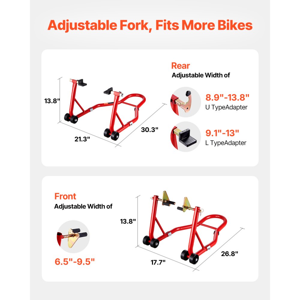 VEVOR Motorfietsstandaardlift (385 kg laadvermogen) voor- en achter dubbele vorkstandaard, achter U+L vork swingarm spoelstandaard, voor de meeste Yamaha Honda Kawasaki Suzuki motorfietsen, rood