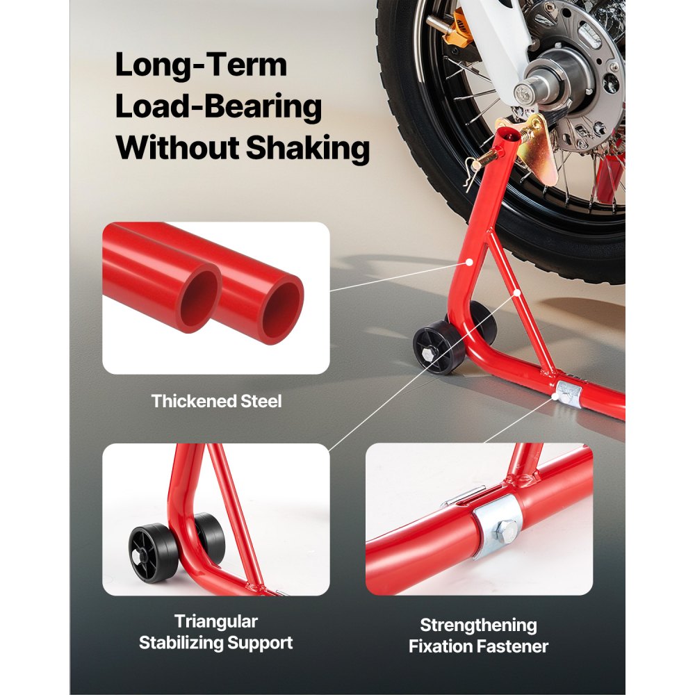 VEVOR Motorfietsstandaardlift (385 kg laadvermogen) voor- en achter dubbele vorkstandaard, achter U+L vork swingarm spoelstandaard, voor de meeste Yamaha Honda Kawasaki Suzuki motorfietsen, rood